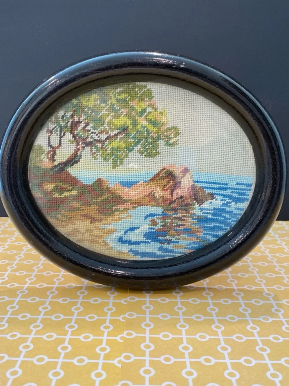Vintage Needlepoint Landscape Art – Oval Framed Embroidery – Cottagecore Decor - Picture 1 of 8